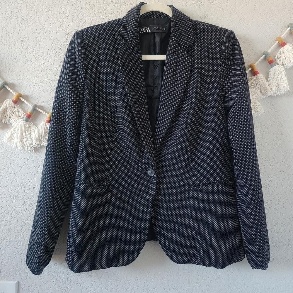 Zara Polka Dot Black Padded Single Breasted Blazer Contemporary Business 10